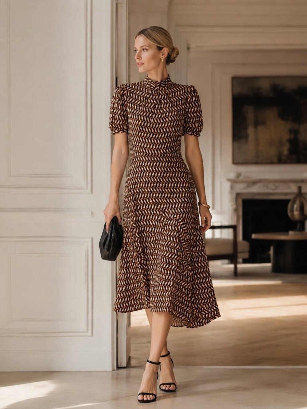 Who What Wear Geometric Patterned Puff-Sleeve Midi Dress D-37